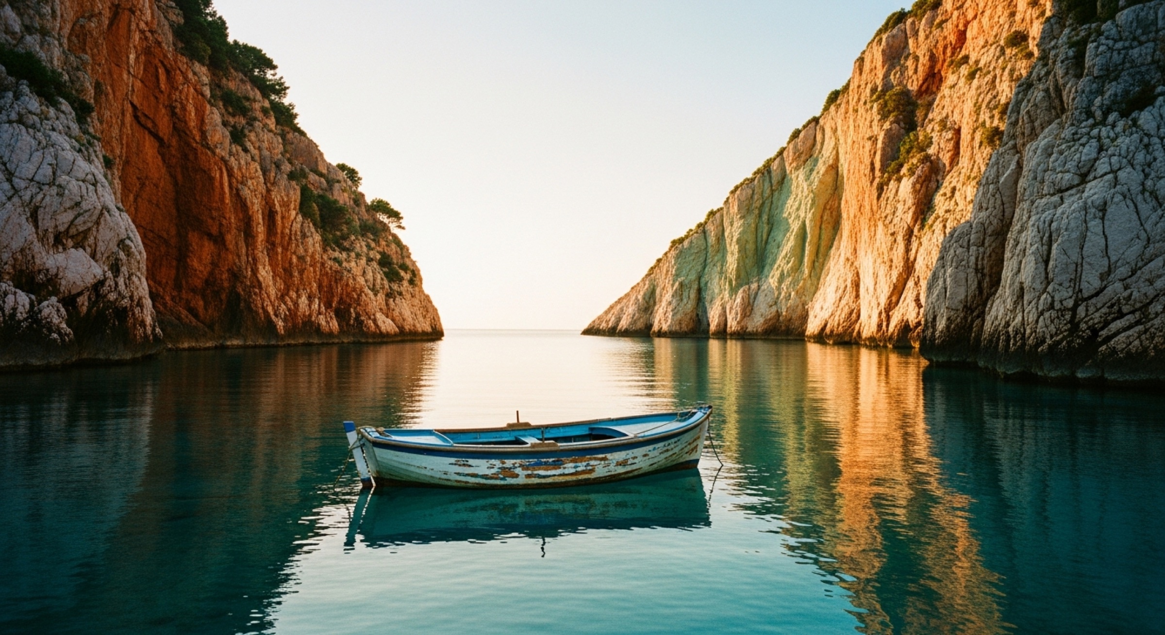 A small wooden boat drifting on the still turquoise water of a hidden Ionian cove at golden hour