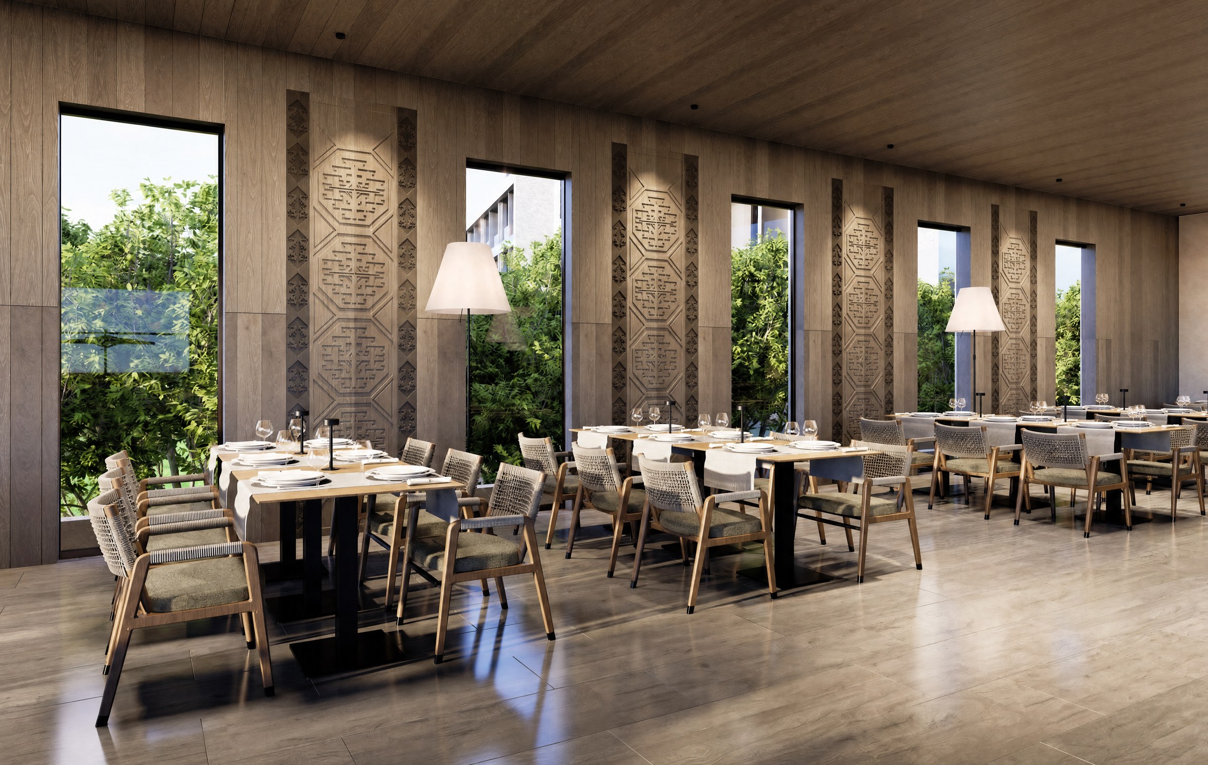 Piazza — main dining room with woven chairs and patterned walls