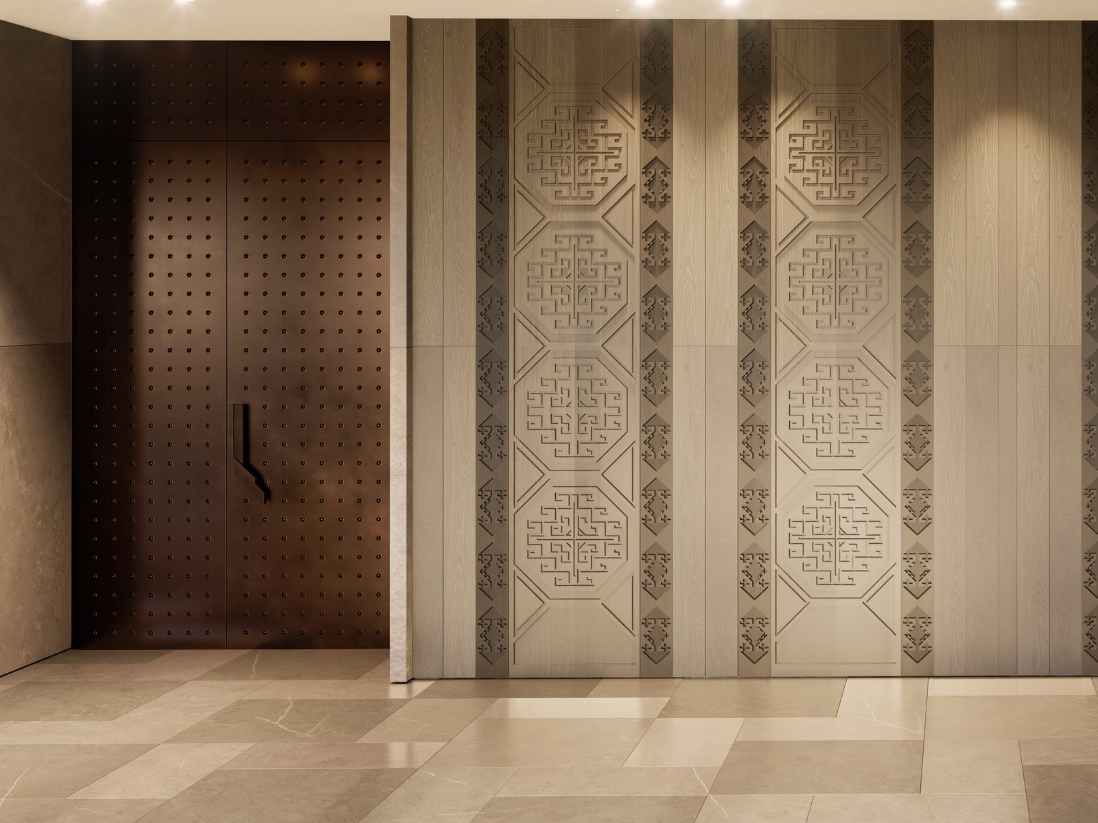 Walnut double doors leading to the conference hall — patterned wood panels and brass handles