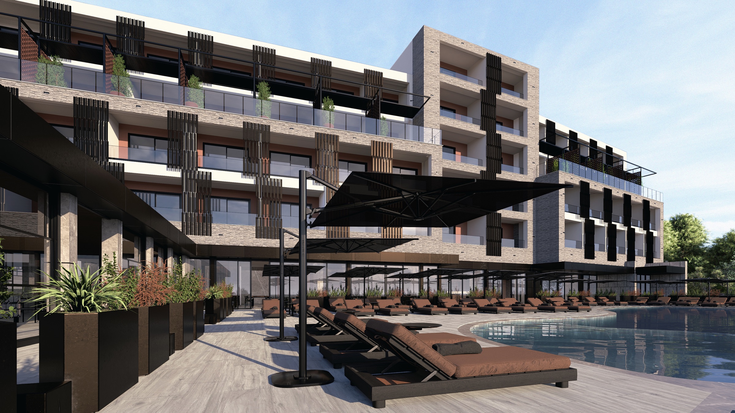 Chaonian Hotel — full facade at golden hour