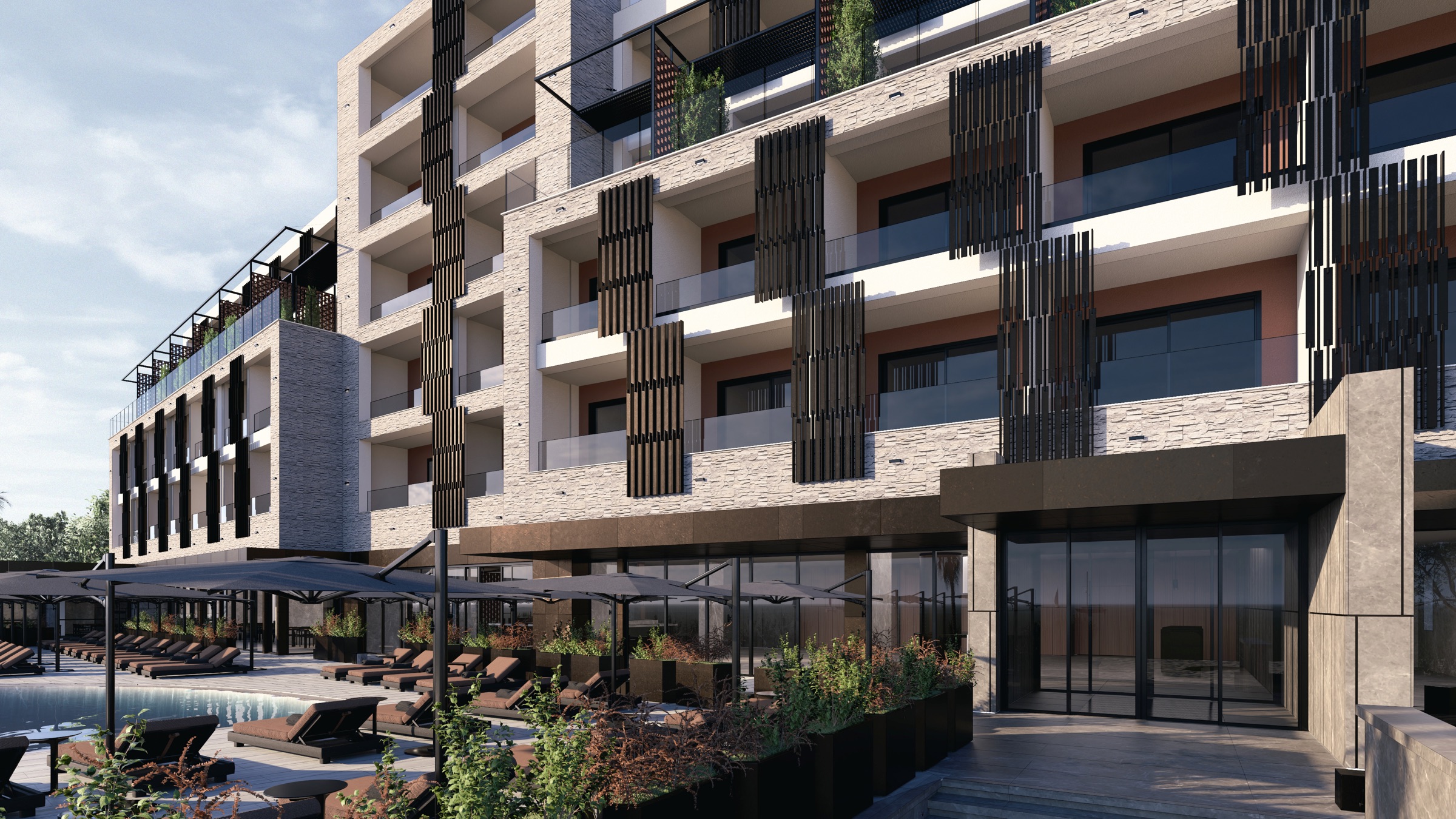 Chaonian Hotel exterior — golden hour close-up