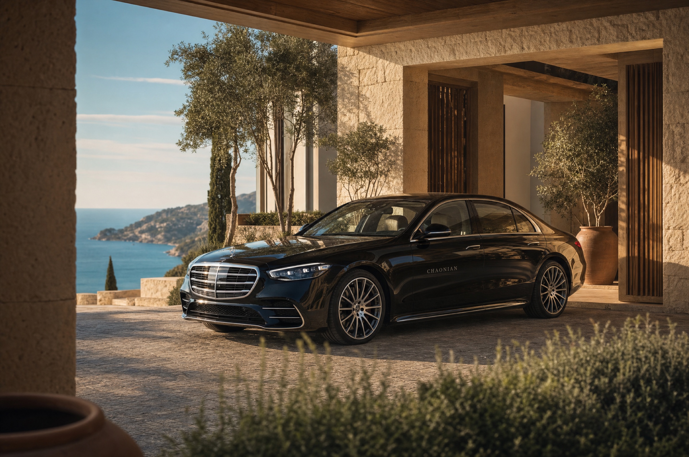 Chaonian concierge car — a black Mercedes-Benz S-Class at the hotel entrance, with the Ionian Sea and Drymades coast behind