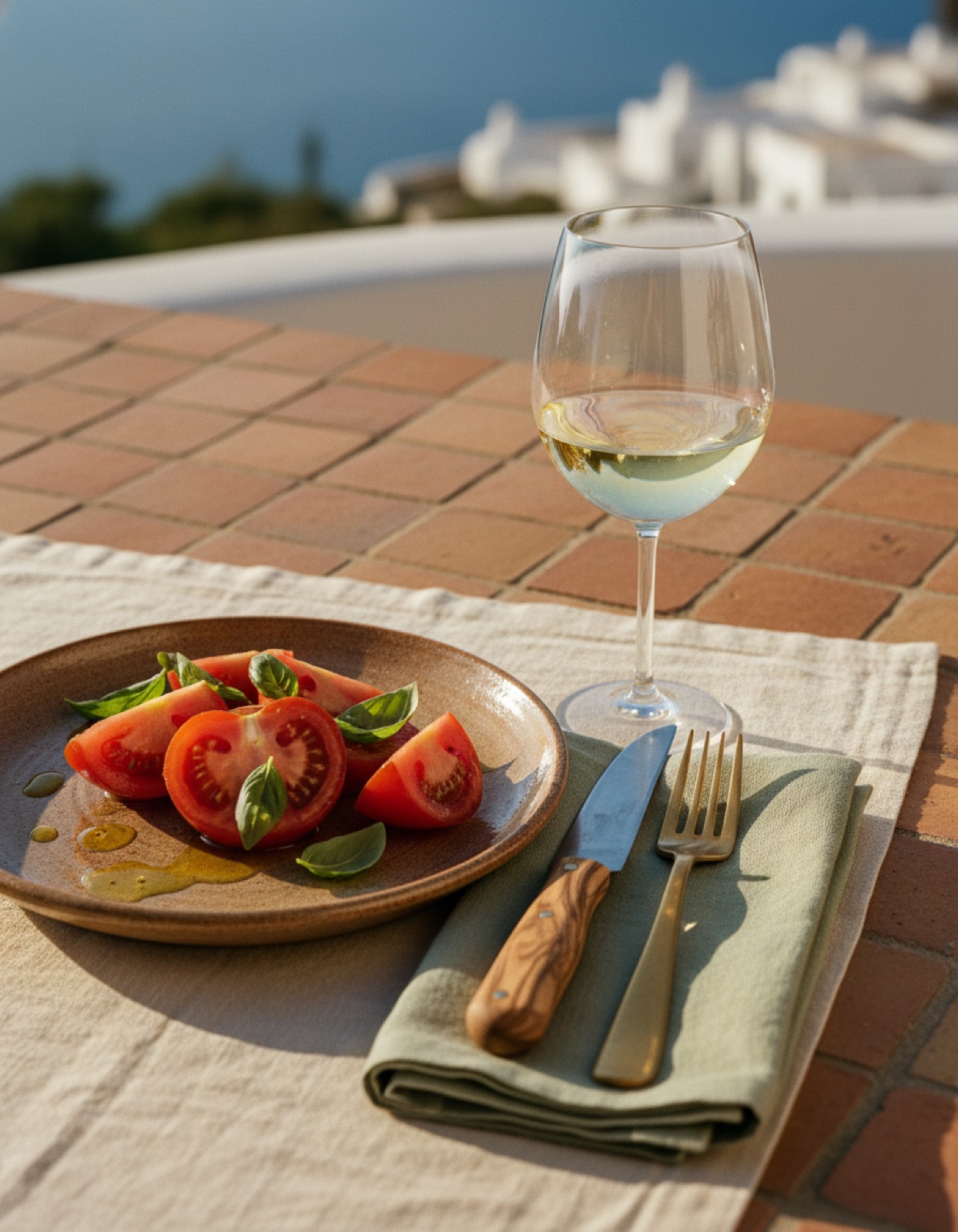 Heirloom tomato plate with chilled white wine on a sunlit terracotta-tile terrace