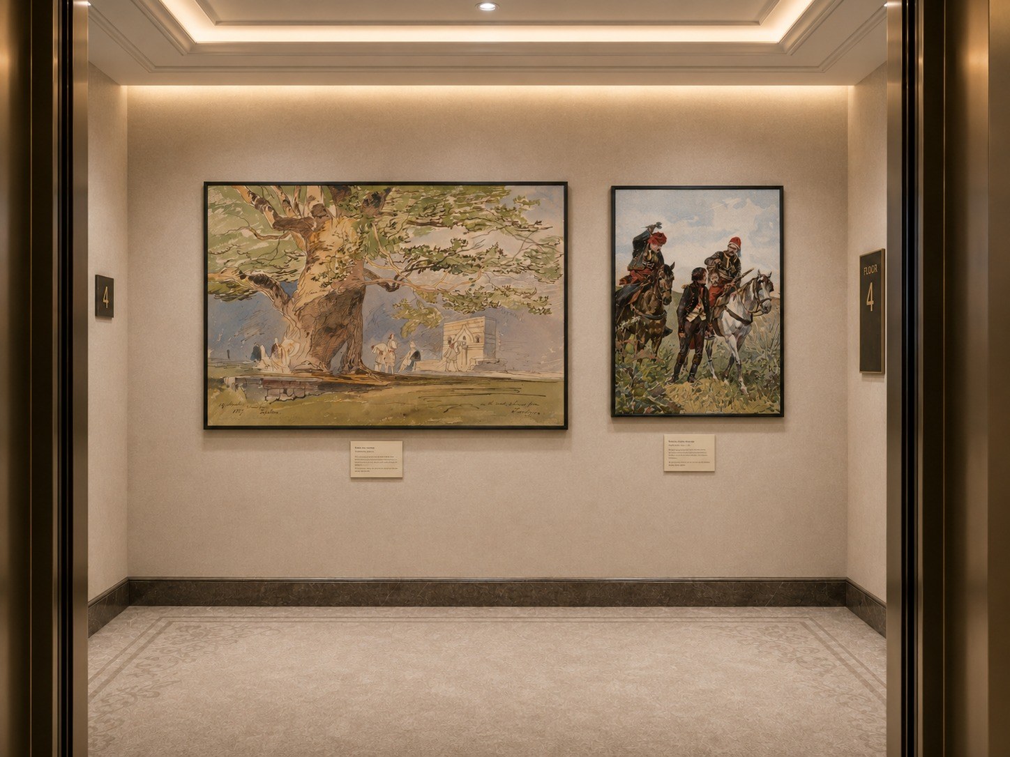 A curated heritage gallery at Chaonian — framed watercolours of an ancient Albanian plane tree and historical cavalry riders, in a warm-lit vestibule