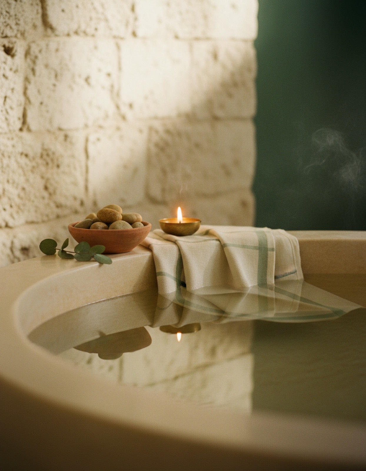 Travertine spa basin with cream and sage hammam cloth, river stones and a flickering candle