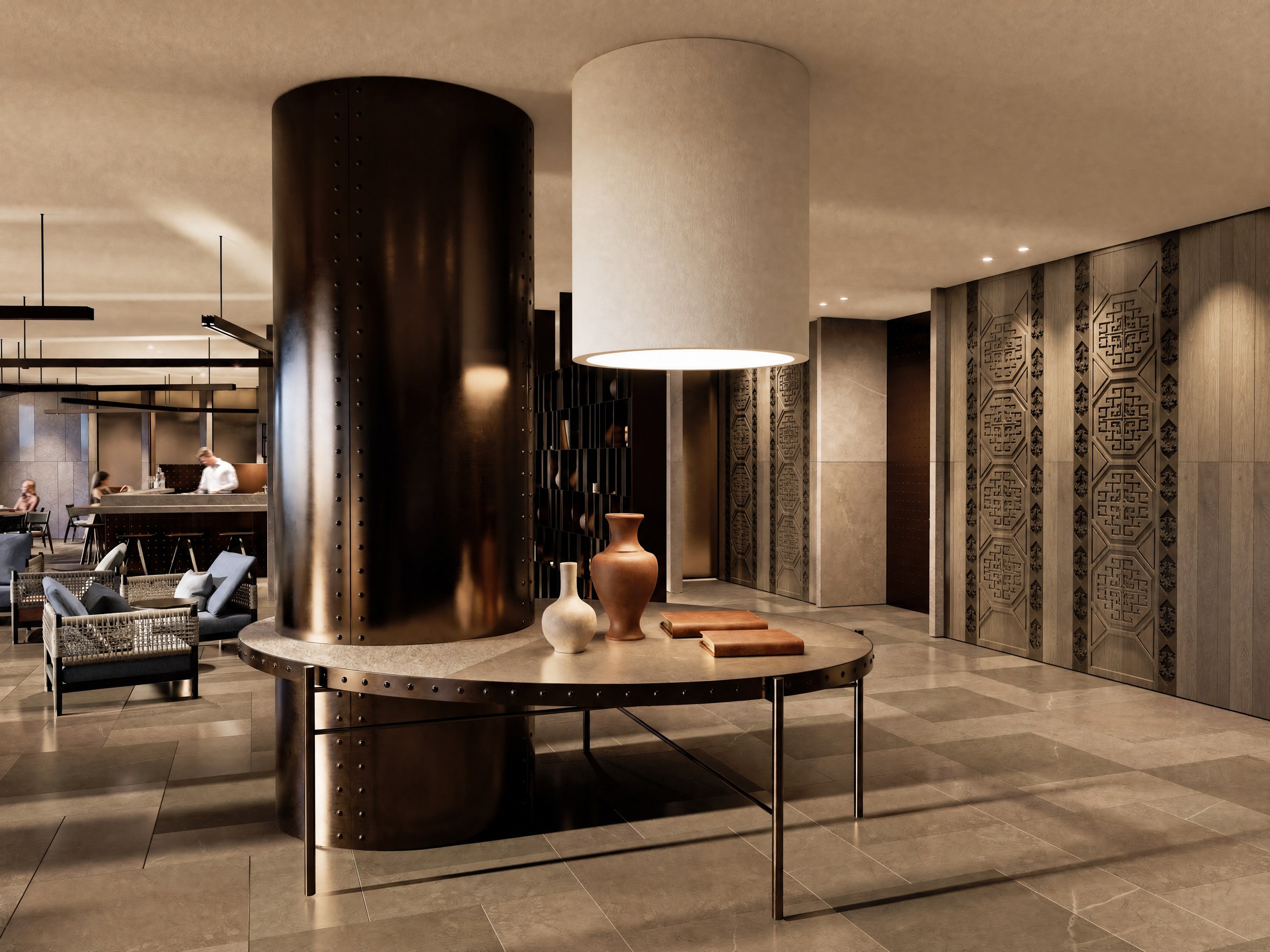 Hall — lounge with sculpted brass column