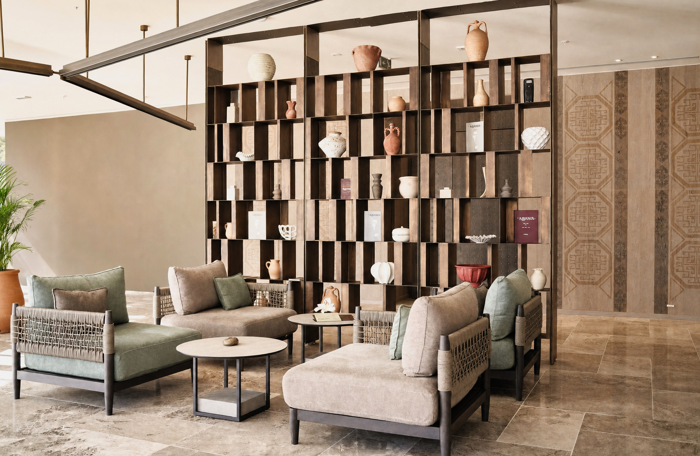 Lounge i lobit — ndenjëset pas raftit të hapur me qeramikë shqiptare