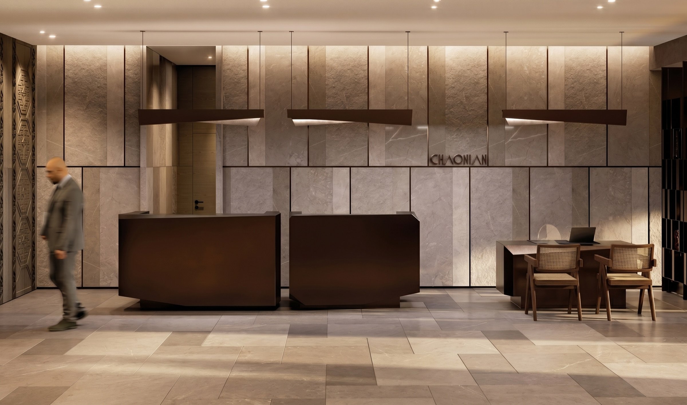 Reception lobby — bronze desks, marble wall, brushed-metal Chaonian wordmark