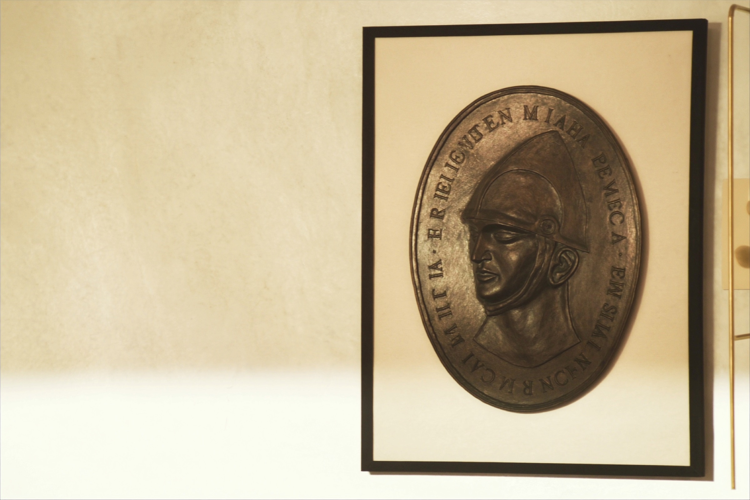Framed bronze Pyrrhus medallion — heritage artwork in a Chaonian guest room