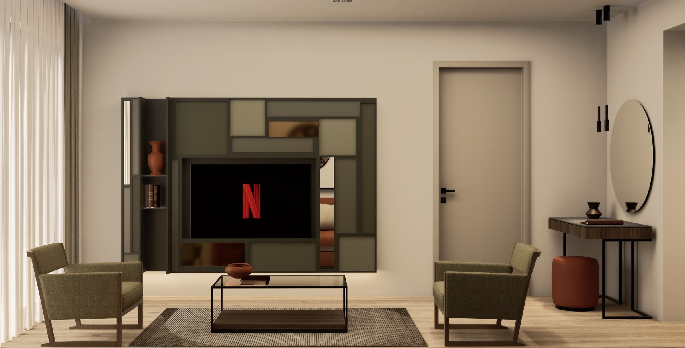 Signature Suite — living area with media wall